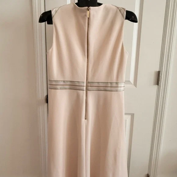 Calvin Klein Cream Fit & Flare V Neck Midi Dress with Striped Accents - Size 10 - Picture 8 of 9